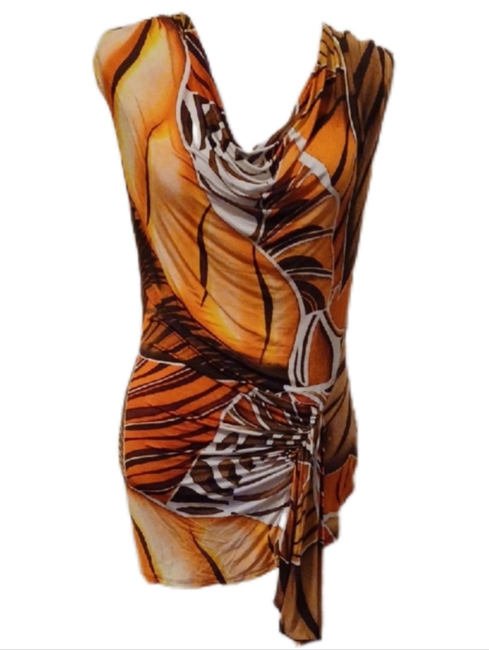 Cache Orange Brown White Patterned Sleeveless Cowl Neck Top